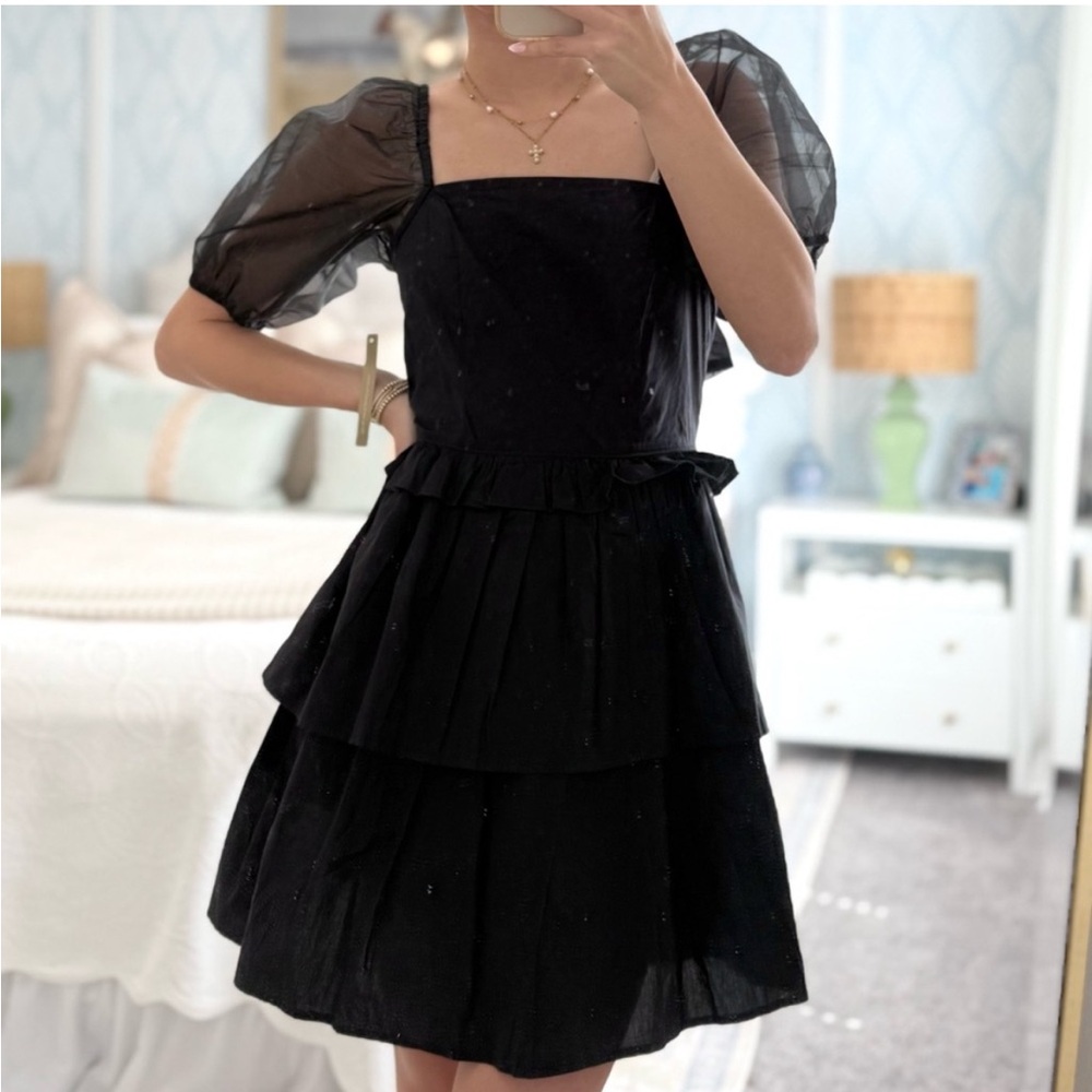 CLEOBELLA Soledad Organza Puff Sleeve & Bow Square Neck Tiered Mini Dress Black